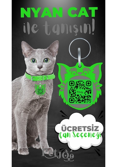 Petjoo 2.Nyan Cat Gri-Yeşil Qr'lı Kedi Künyesi
