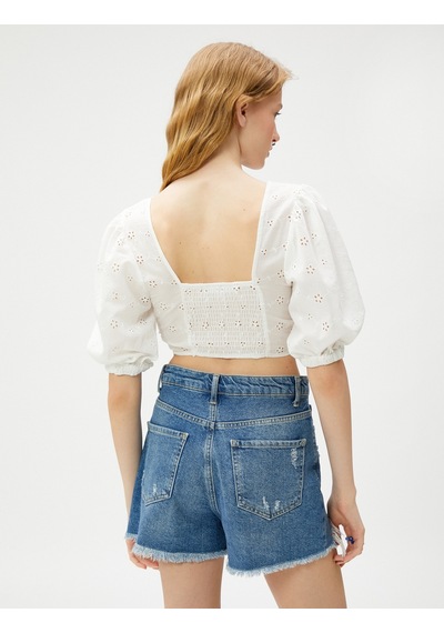 Koton Crop Bluz Brode Balon Kollu Önü Büzgülü Beyaz 3sal60067ıw 3SAL60067IW000 Beyaz