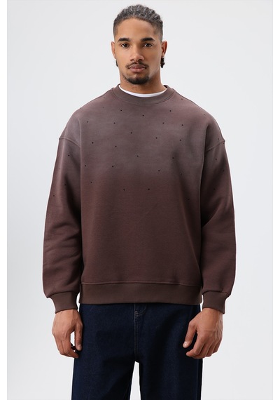 Vamos Yıkamalı Taş Detaylı Oversize Sweatshirt Kahve