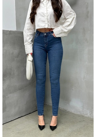 Kadın Orta Mavi Yüksek Bel Skinny Jean Pantolon Dar Paça Esnek Denim Kot 26