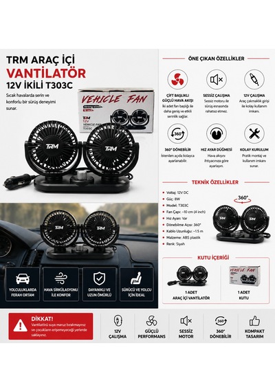 Trm Araç İçi İkili Vantilatör 12v Çakmaklık Girişli Çift Başlıklı Hız Ayarlı T303c -