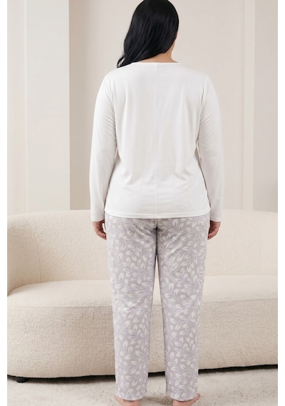 Siyah İnci Pamuklu Likralı Büyük Beden Battal Boy Örme Pijama Takım 26240931 Beyaz