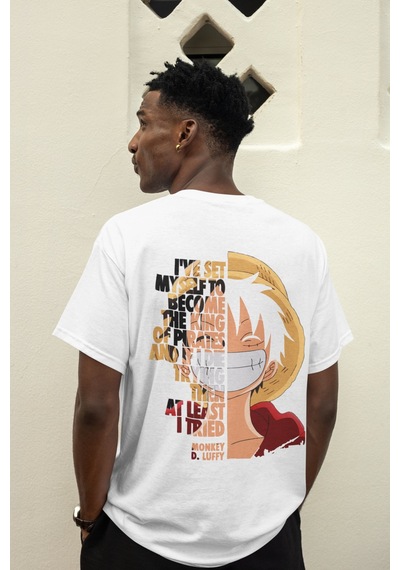Sevbano Monkey D. Luffy One Piece Sırt Baskılı Unisex Oversize Anime Tişö Beyaz