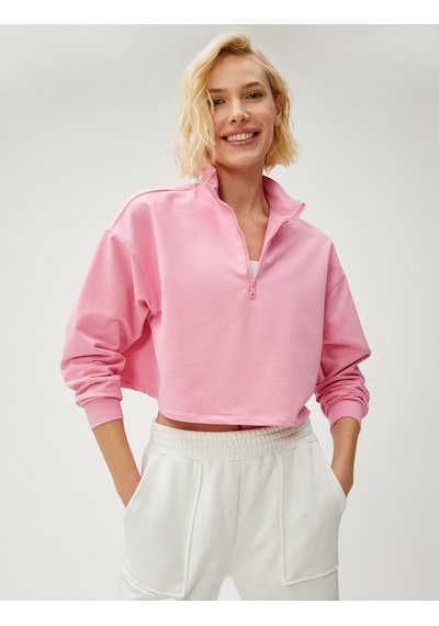Koton Crop Sweatshirt Yarım Fermuarlı Dik Yaka Pembe 3sak10196ek Gülkurusu