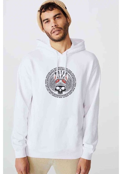 Motorsiklet Kulübü Baskılı Beyaz Erkek Örme Sweatshirt