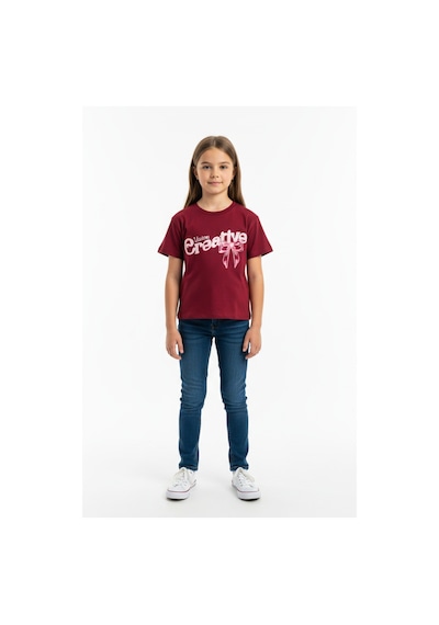 Toontoy Kids Toontoy Kız Çocuk Bisiklet Yaka Kısa Kollu Baskılı Tişört 25010 Bordo