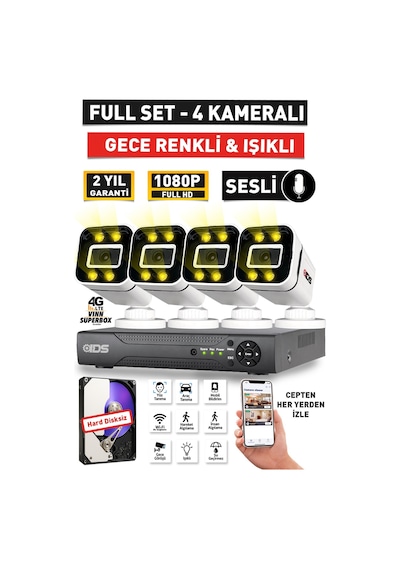 Sesli - 4 Kameralı Fullhd Gece Renkli Ve Işıklı Güvenlik Kamerası - Kamera Seti Hard Disksiz