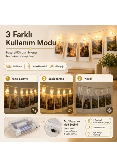 Led Işıklı Fotoğraf Asma Mandalları Pilli Animasyonlu 10 lu 1,5 Metre Zincir Dekoratif Aydınlatma