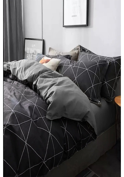İqon Lastikli Çarşaflı Nevresim Takımı Tek Kişilik Geometric Basic Gri
