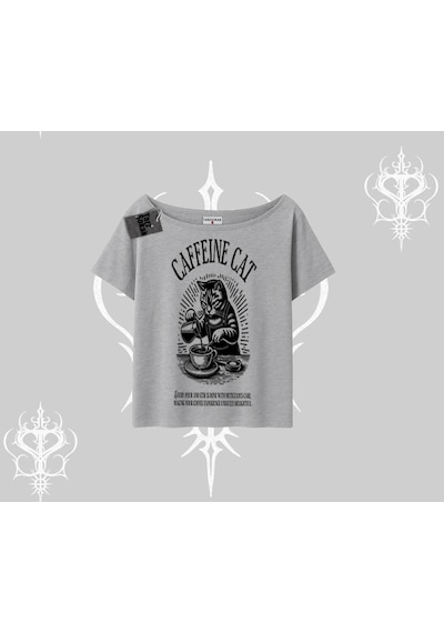 Tarzsokak Kayık Yaka Tshirt Caffeine Cat Kahve Temalı Kedi Baskılı Gri
