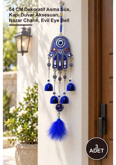3 Adet Metal Nazar Boncuğu Çan 54 Cm Dekoratif Asma Süs, Kapı Duvar Aksesuarı, Nazar Charm, Evil Eye Bell
