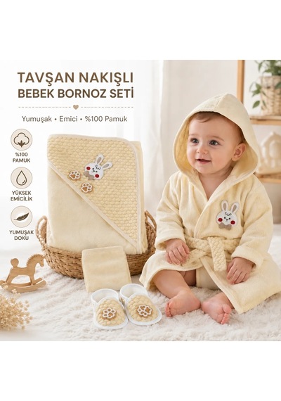 %100 Organik/ Yenidoğan Bornoz Tavşan /yenidoğan Bebek si / 0-1 Yaş Bej