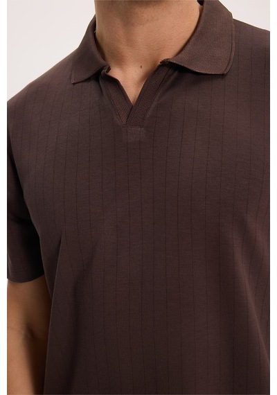 Tudors Erkek Slim Fit Dar Kesim Pamuklu Kısa Kollu Çizgili Kahverengi Polo V Yaka Tişört-51126