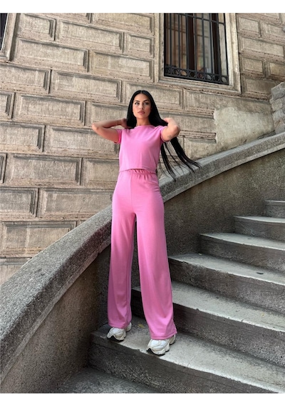 WeShaya Pembe Modal Polyester Palazzo Cepli Takım Pembe