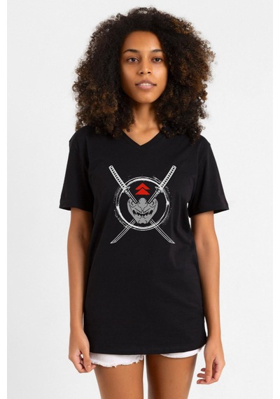 Ghost Of Tsushima Samurai Mask Siyah Kadın V Yaka Tshirt SIYAH