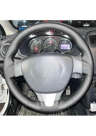Renault Clio Symbol Üniversal Dikmeli Direksiyon Deri Kılıfı Siyah Düz Deri Siyah Ipli Açıkmalayı O Siyah