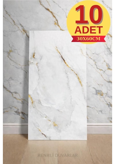 10 Adet 30x60cm Sade Gold Mermer Desen Yapışkanlı Köpük Duvar Paneli Kağıdı Banyo,tezgah Arasıtx-076 Çok Renkli