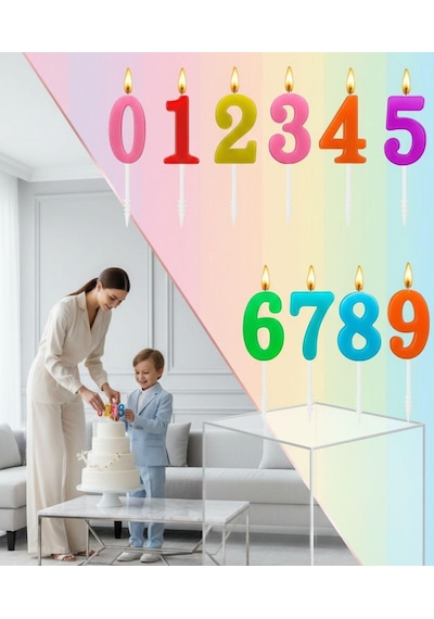 3b Trend Renkli Rakamlı Doğum Günü Pastası Mum Seti - 10 Adet Tüm Rakamlar Mum Yetişkin