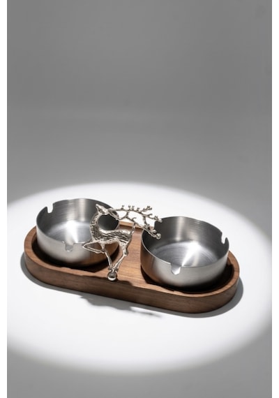 Küllük Ahşap Sunumluk Lüks Geyik Stand Gümüş Metal İkili Dekoratif Küllük Gümüş