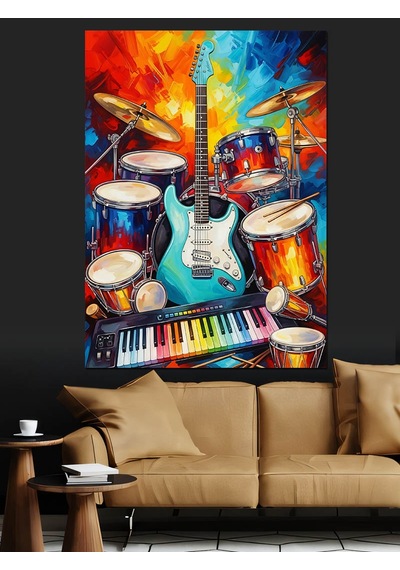 Ahşap Tablo Renkli Bateri Ve Gitar