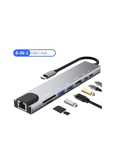8 İn 1 Type C To Hdtv Çok Portlu Hub 4k Hdmı Pd Rj45 Usb 3.0 Sd Tf Çevirici Adaptör