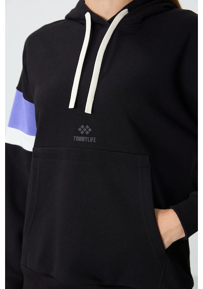 Tommy Life Siyah Kompakt Pamuklu Kalın Pürüzsüz Dokulu Kapüşonlu Oversize Fit Kadın Sweatshirt - 97290 Siyah