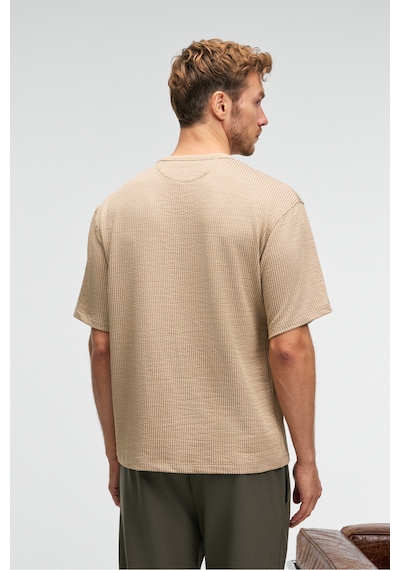 Grımelange Vıntage Erkek Kısa Kollu Yuvarlak Yaka Dokulu Gofre Kumaş Regular Fit Bej T-shirt Bej