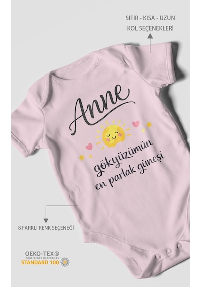 Morivokids Anne, Gökyüzümün En Parlak Güneşi Kısa Kollu Bebek Body Bebe Pembe