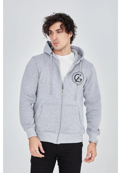 Erkek 3 İplik Pamuklu Fermuarlı Kapüşonlu Kanguru Cepli Baskılı Hoodie Hırka Sweatshirt - Gri