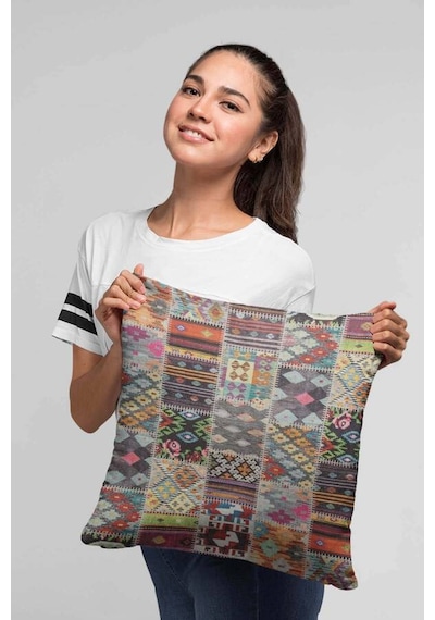 Çok Renkli Patchwork Çift Taraflı Kırlent Kılıfı Krl152n11