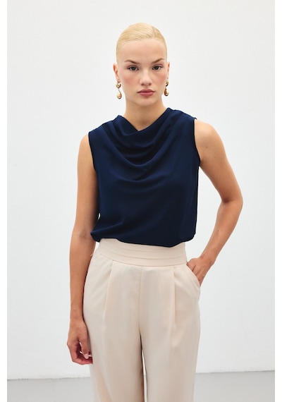 Sateen Degaje Yaka Kolsuz Bluz - Lacivert
