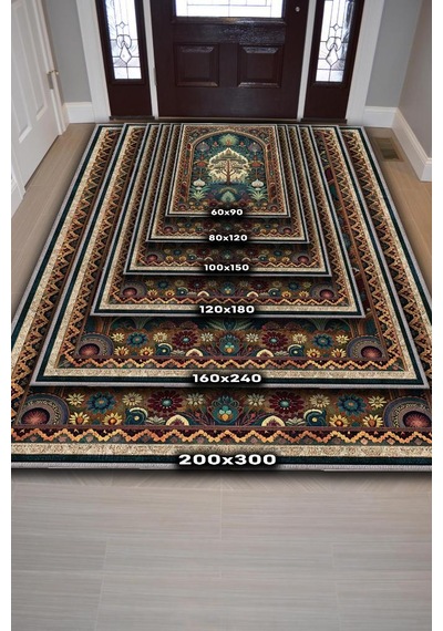 Homshtag Art Deco Etnik Bitki Vintage Halı Görünümlü Dijital Baskı Yeşil Renk Rustik Çiçekli Halı Çok Renkli