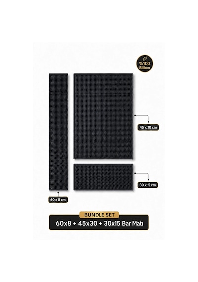 Siliconly 3 Lü %100 Silikon Bar Matı Seti 60x8 + 45x30 + 30x15 Cm Kaydırmaz Bar Matı