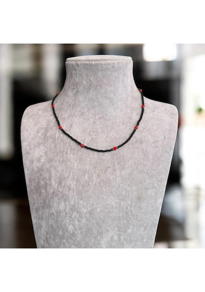 Kırmızı Sanat Evi Siyah Boncuklu Kırmızı Kristal Taşlı Bijuteri Kolye