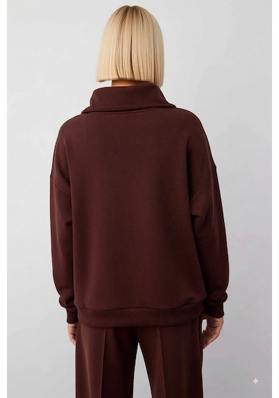Benerly Kadın Polo Yaka Düşük Kol Örme Sweatshirt Fonksiyonel Dayanıklı K Kahverengi