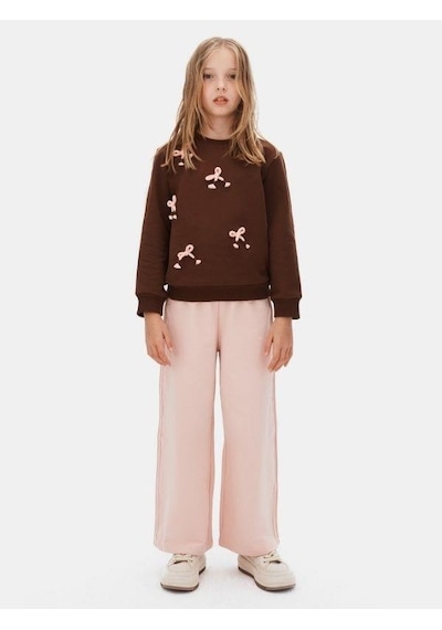 Kız Çocuk Fiyonk İşlemeli Sweatshirt-16134 Kahverengi