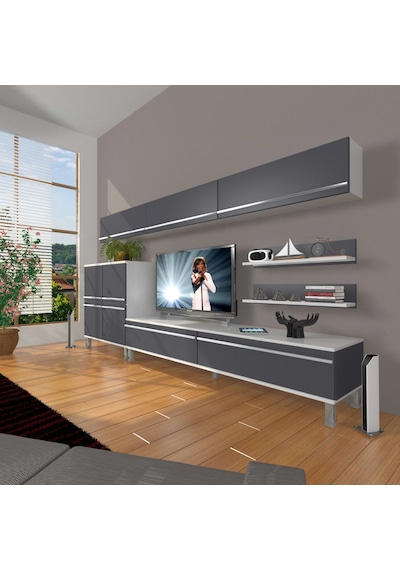 Decoraktiv Eko 8 Mdf Std Krom Ayaklı Tv Ünitesi Tv Sehpası Beyaz - Antrasit
