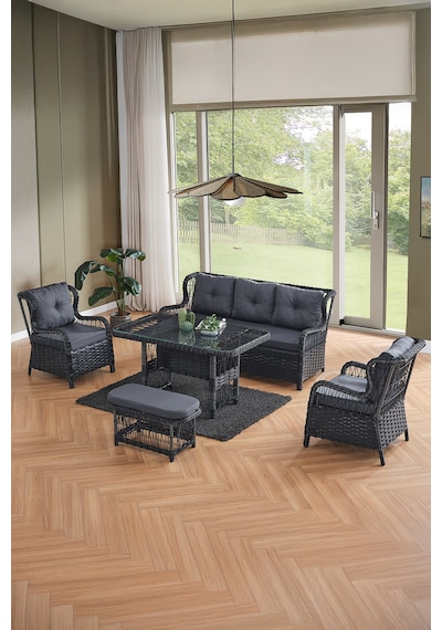 Paris Rattan Puflu Bahçe Balkon Takımı 3+1+1 Cam Masalı Antrasit