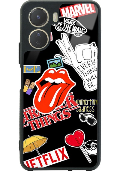 Vivo Y16 Sticker Tasarımlı Glossy Telefon Kılıfı Siyah