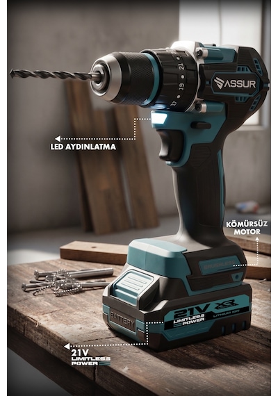 Assur Plus ASR013-01-2 21V Şarjlı Matkap Bakır Sargı Kömürsüz Motor Çelik Mandren Darbeli Akülü Vidalama - 2441