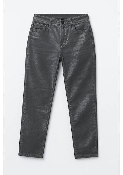 Kadın Yüksek Bel Parlak Mum Kumaş Wide Leg Jean Pantolon Füme