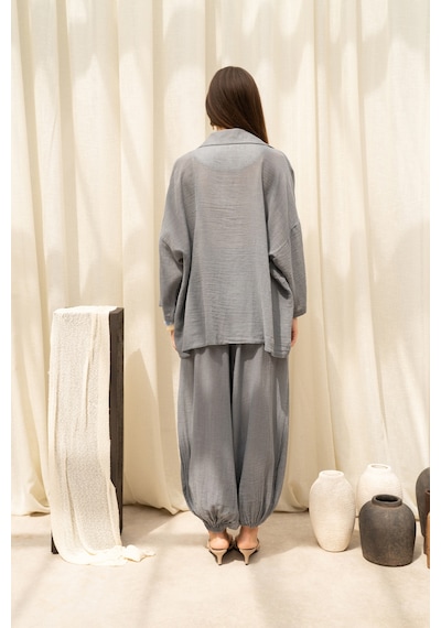 Mai Collection Cozy Şal Detay Füme Üçlü Gömlek Pantolon Keten Takım