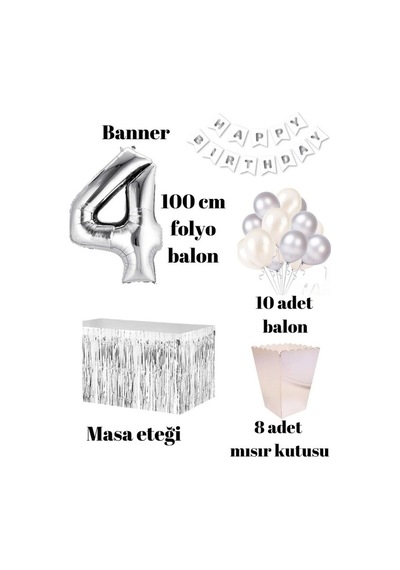 4 Yaş Beyaz Gümüş Balon Rakam Folyo Banner Mısır Kutusu Masa Et