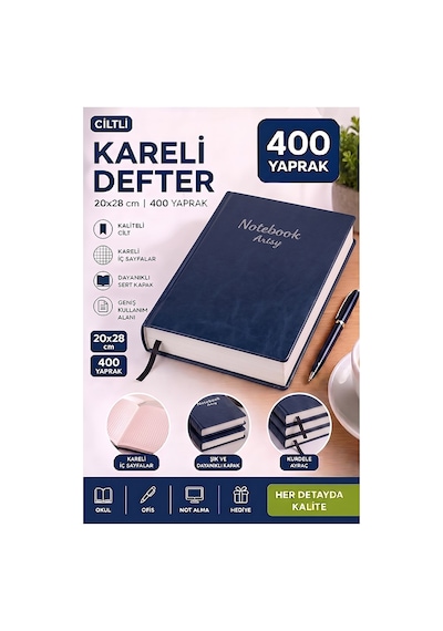 Ciltli Kareli Defter 400 Yaprak 20x28cm 1 Adet Çok Yapraklı Sert Kapaklı Not Hesap Defteri Okul Ofis Büro Lacivert