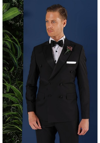 Efor Black 071slim Fit Çıkarılabilir Saten Yaka Kruvaze Siyah Damatlık Smokin Takım Siyah