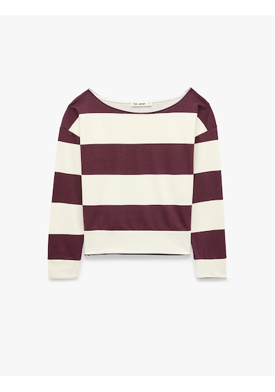 Koton Şardonlu Rahat Kalıp Kayık Yaka Omzu Açık Çizgili Sweatshirt Lila Çizgili 7wal10512ık Koton Şardonlu Rahat Kalıp Kayık Yaka Omzu Açık Çizgili Sweatshirt Lila Çizgili 7wal10512ık