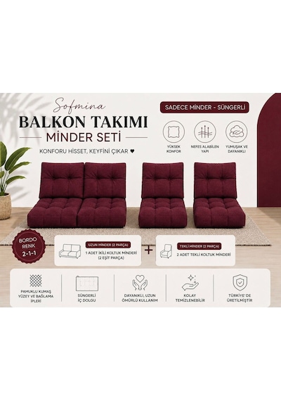 Leke Tutmaz 2-1-1 Balkon Bahçe Minder Seti - Fermuarlı Yıkanabilir İçi Dolu Bordo