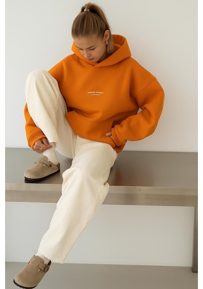 Benroma 3 İplik Penye Peteet Studıos Baskılı Unisex Kapüşonlu Sweat Turuncu