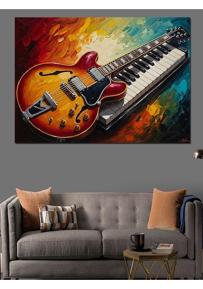Gitar Ve Piyano Tuşları Kolajı Dekoratif Kanvas - Mdf Ahşap Tablo