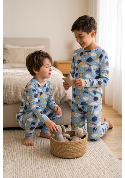 Zuzunga Kısa Kollu Planet Pattern Erkek Çocuk Pijama Takımı Mavi
